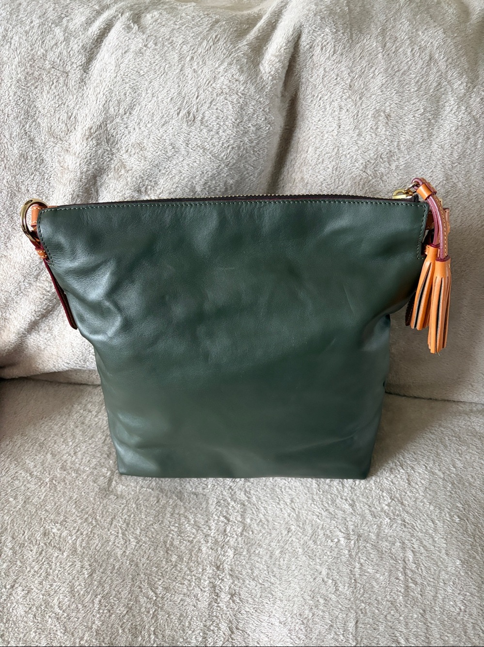 Dooney & Bourke Dark Green Leather Bucket Bag with Tan Trim - Picture 2 of 5